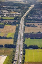 Aerial photo, traffic volume on the A1 motorway in Südkamen, truck traffic jam, Kamen, Ruhr area,