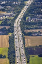 Aerial photo, traffic volume on the A1 motorway in Südkamen, truck traffic jam, Kamen, Ruhr area,