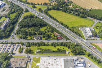Aerial view, motorway exit Kamen-Zentrum of the A1 motorway, Südkamen, Kamen, Ruhr area, North
