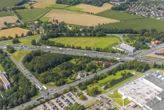 Aerial view, motorway exit Kamen-Zentrum of the A1 motorway, Südkamen, Kamen, Ruhr area, North