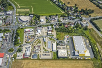 Aerial view, commercial area Unna / Kamen with Deutsche Post DHL and TCB Automobile, Südkamen,