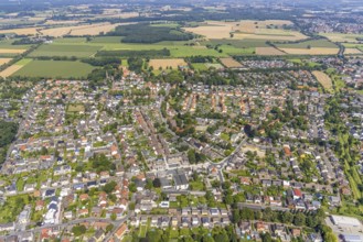 Aerial view, town view and roundabout in the village centre of Heeren-Werve, Kamen, Ruhr area,