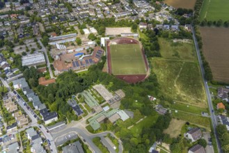 Aerial view, sports field school centre, Clara-Schumann-Gymnasium with solar roof, Josef Reding