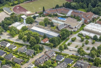 Aerial view, sports field school centre, Clara-Schumann-Gymnasium with solar roof, Josef Reding