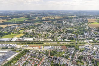 Aerial view, Holzwickede railway station, local supply centre, new Aldi supermarket, Freiberg,