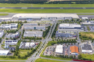 Aerial photograph, Dortmund Airport with new Porsche Centre, Natorp, Holzwickede, Ruhr area, North