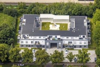 Aerial view, Am Bahnhof Holzwickede, new residential and commercial building in Bahnhofstraße with