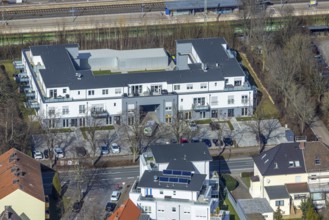 Aerial view, new residential and commercial building Bahnhofstraße, Sauer Büroservice u.