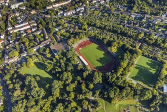 Aerial view, stadium in the sports park with the Mondpalast Arena and Freiherr-vom-Stein primary