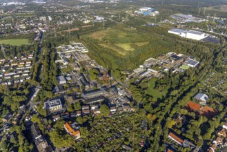 Aerial view, industrial area Wilhelmstraße with winding tower of the former Pluto colliery as well