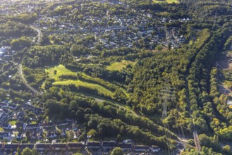 Aerial view, forest area at Erzbahnstraße and housing estate Gelsenkircher Straße in the district