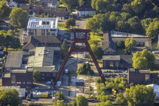 Aerial view, industrial estate Wilhelmstraße with winding tower of the former Pluto colliery in the