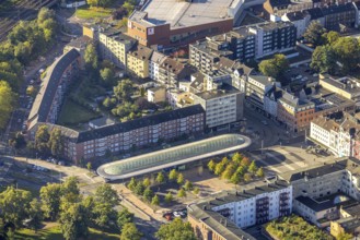 Aerial view, tram stop Am Buschmannshof with futuristic roof construction in the district Wanne in