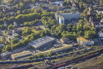 Aerial view, former Heitkamp-Villa construction site and new building for flats at Heitkampsfeld