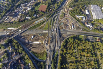 Aerial view, construction site with tunnel construction at the motorway junction Herne of the A42