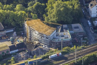 Aerial view, former Heitkamp-Villa construction site and new building for flats at Heitkampsfeld in