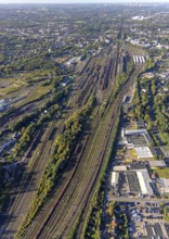 Aerial view, freight station Herne and Wanne-Eickel main station in the district Wanne in Herne,