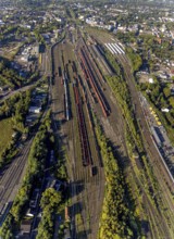 Aerial view, freight station Herne and Wanne-Eickel main station in the district Wanne in Herne,