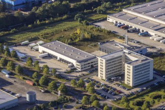 Aerial view, commercial area Koniner Straße with denree wholesaler and job centre Herne in the