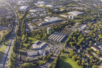 Aerial view, Gasometer Herne and commercial area Koniner Straße in the district Holsterhausen in