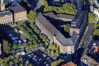 Aerial view, police station with community centre and weekly market market at Friedrich-Ebert-Platz