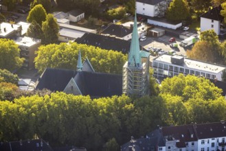 Aerial view, renovation of the church tower of the Catholic Herz-Jesu-Kirche in the Herne-Mitte
