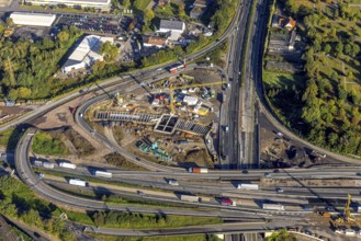 Aerial view, construction site with tunnel construction at the motorway junction Herne of the A42