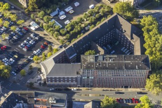 Aerial view, police station with community centre and weekly market market at Friedrich-Ebert-Platz
