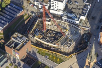 Aerial view, construction site and new building Europaplatz and Europagarten with Kreuzkirche in