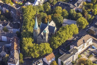 Aerial view, renovation of the church tower of the Catholic Herz-Jesu-Kirche in the Herne-Mitte