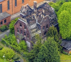 Aerial view, St. Marien Eickel Church at St. Marien Hospital, building fire at the outbuilding,