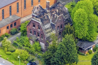 Aerial view, St. Marien Eickel Church at St. Marien Hospital, building fire at the outbuilding,