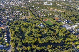 Aerial view, Parkhotel Herne in Herne city garden and sports field of FC Herne 1957 in the district