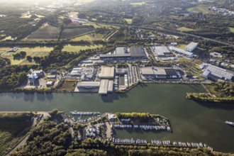 Aerial view, Friedrich der Große industrial estate on the Herne Sea and marina on the Rhine-Herne