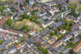 Aerial view, construction site Karlstraße for nursing home and kindergarten, St. Laurentius Church,
