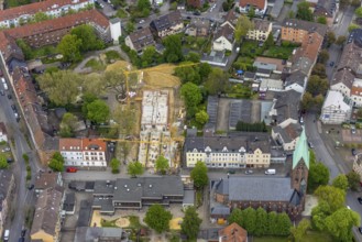 Aerial view, construction site Karlstraße for nursing home and kindergarten, St. Laurentius Church,