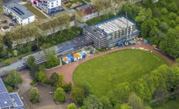 Aerial view, Otto-cock-Gymnasium with construction site indoor swimming pool, Sodingen, Herne, Ruhr
