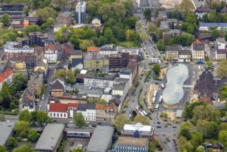 Aerial view, futuristic bus station at Herne railway station, Bahnhofstraße, Baukau, Herne, Ruhr