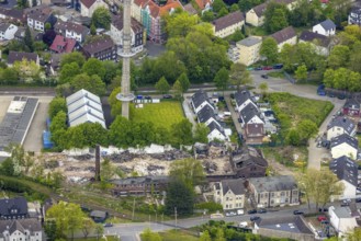 Aerial view, garage yard Mulvanystraße, transmission mast, construction site demolition site,