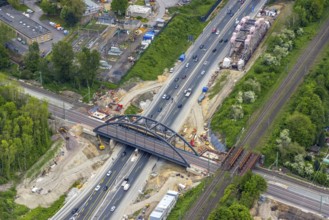 Aerial view, construction site for new railway bridge over the A43 motorway, 2nd bridge on the
