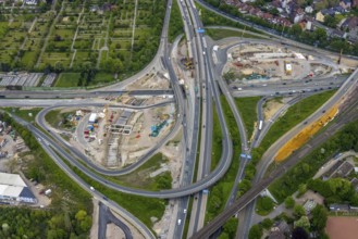 Aerial view, construction site due to A43 expansion, motorway junction Herne, motorway A42,