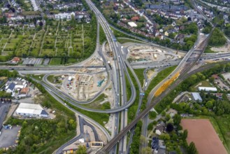 Aerial view, construction site due to A43 expansion, motorway junction Herne, motorway A42,