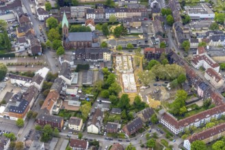 Aerial view, construction site Karlstraße for nursing home and kindergarten, St. Laurentius Church,
