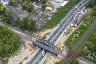 Aerial view, construction site for new railway bridge over the A43 motorway, 2nd bridge on the