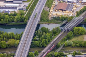 Aerial view, Emscher valley bridge, A43 motorway bridge in stress test, dilapidated transport