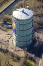 Aerial view, gasometer Herne, industrial area at the Lindenallee, Holsterhausen, Herne, Ruhr area,