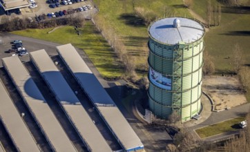 Aerial view, gasometer Herne, industrial area at the Lindenallee, Holsterhausen, Herne, Ruhr area,