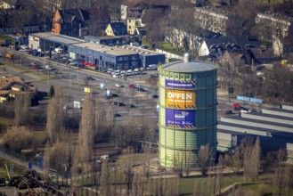 Aerial view, gasometer Herne, industrial area at the Lindenallee, Holsterhausen, Herne, Ruhr area,