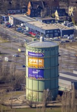 Aerial view, gasometer Herne, industrial area at the Lindenallee, Holsterhausen, Herne, Ruhr area,