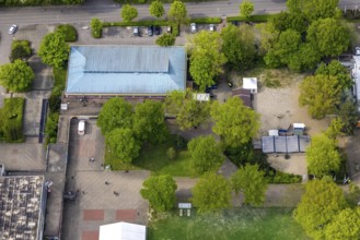 Aerial photo, current vaccination centre in the sports hall in Revierpark Gysenberg, Börnig, Herne,
